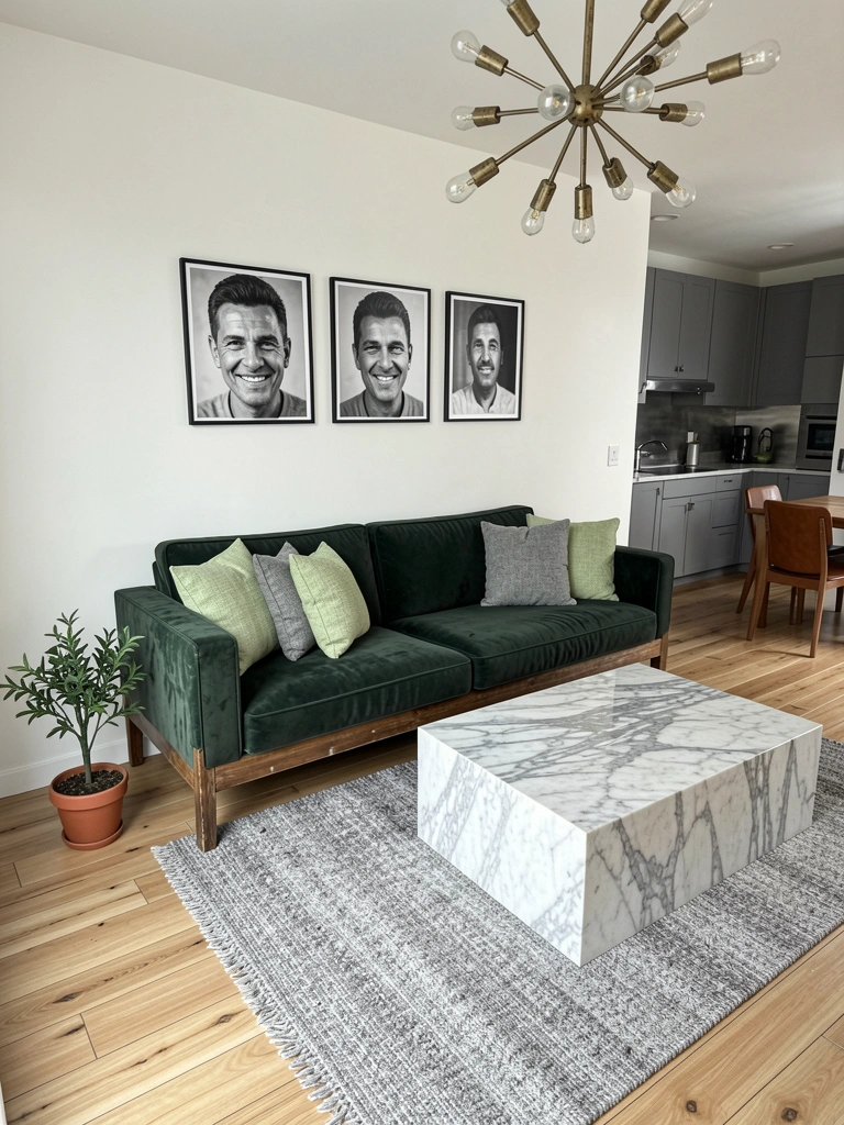 Sala de estar com sofá verde musgo, parede branca, almofadas em tons neutros e planta no canto.