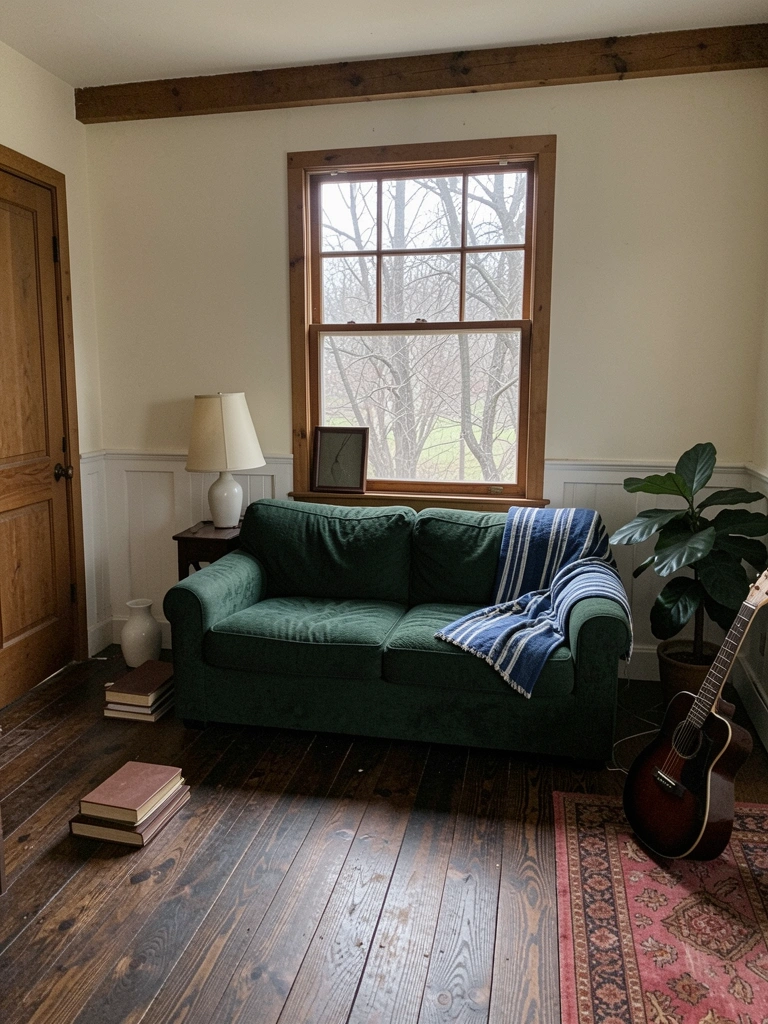 Sala de estar com sofá verde musgo, almofadas amarelas, parede branca e planta no canto.