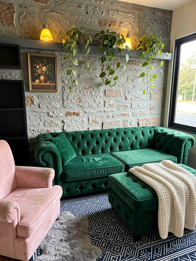Sala de estar com sofá verde musgo, parede branca, almofadas amarelas e planta no canto.