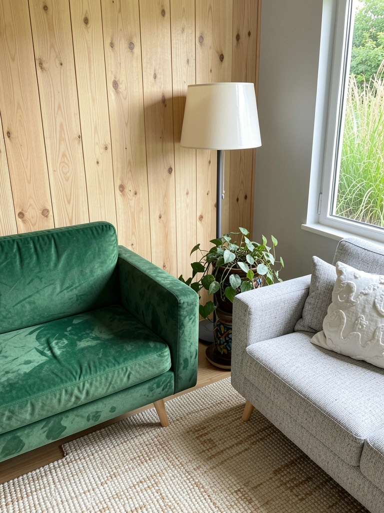 Sala de estar com sofá verde musgo, almofadas em tons neutros, parede branca e planta no canto