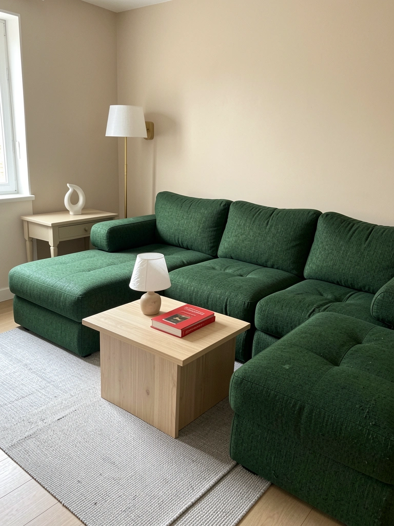 Sala de estar com sofá verde musgo, almofadas bege, parede branca e planta no canto.