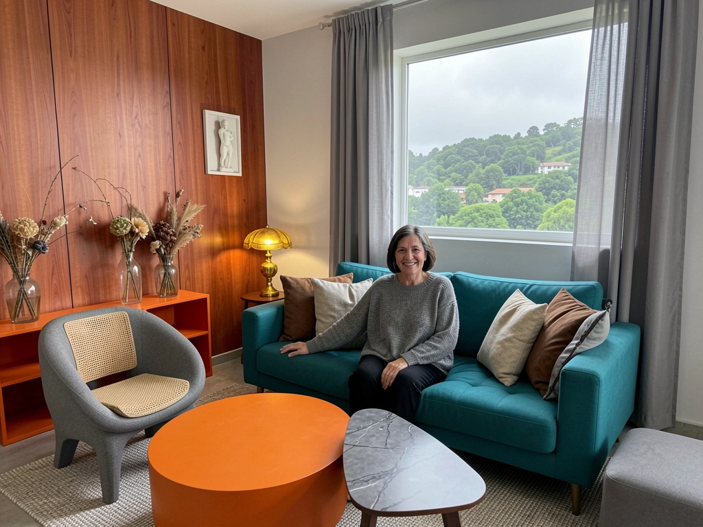 Sala de estar com sofá verde-musgo de três lugares, parede branca, plantas e luminária de piso ao lado