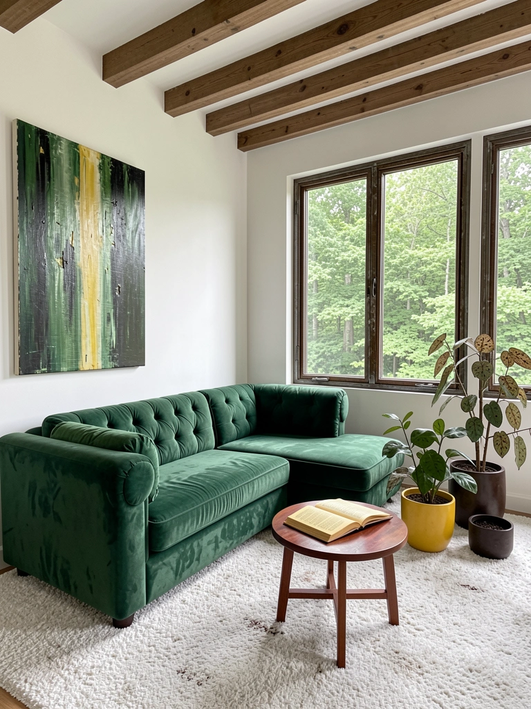 Sala de estar com sofá verde-musgo de três lugares, parede off-white e luminária de piso ao lado