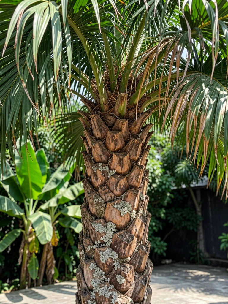 Folhas longas e verdes de dendezeiro sob luz natural, com folíolos em detalhe.