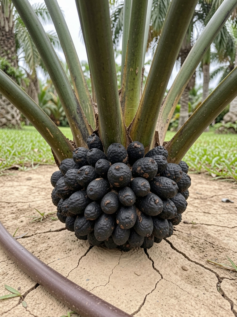 Palmeira de dendezeiro com folhas longas e frutos alaranjados em cacho, sob luz natural.