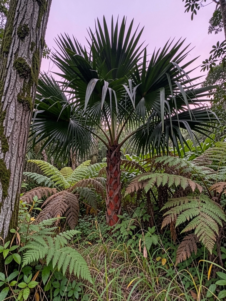 Folhas longas e verdes de dendezeiro se sobrepondo, com luz natural filtrando entre os folíolos.