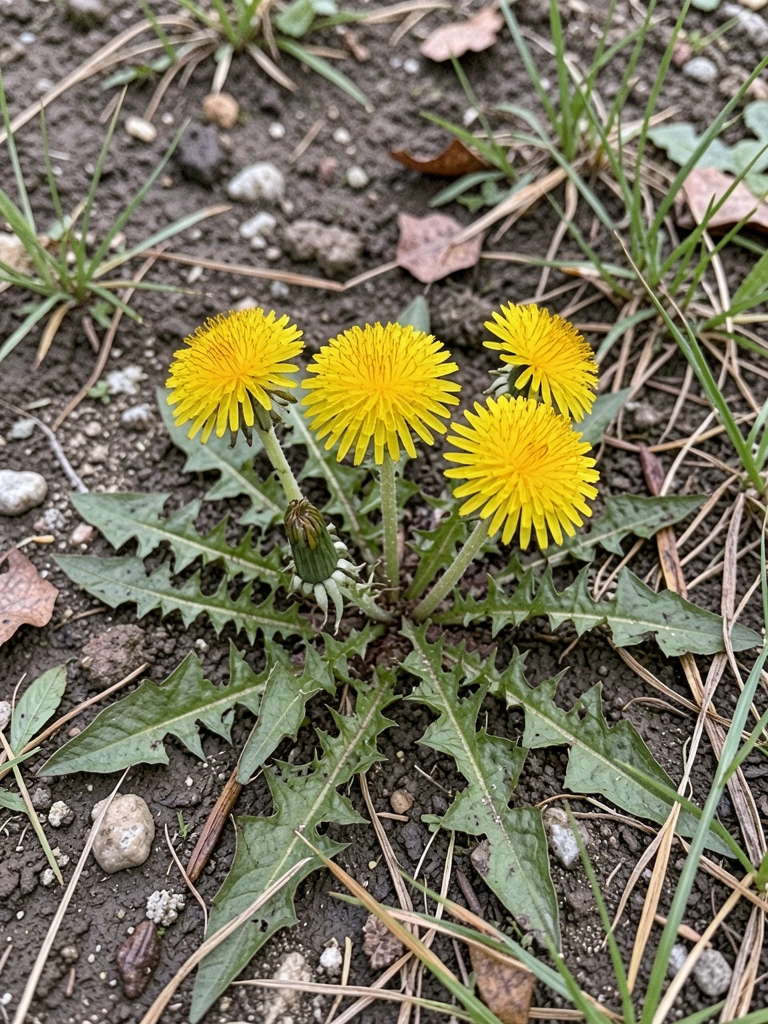Ilustração botânica de dente-de-leão com folhas recortadas e flor amarela sobre fundo neutro.