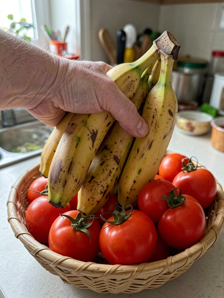 Bananas e tomates dispostos em uma fruteira sobre a bancada da cozinha