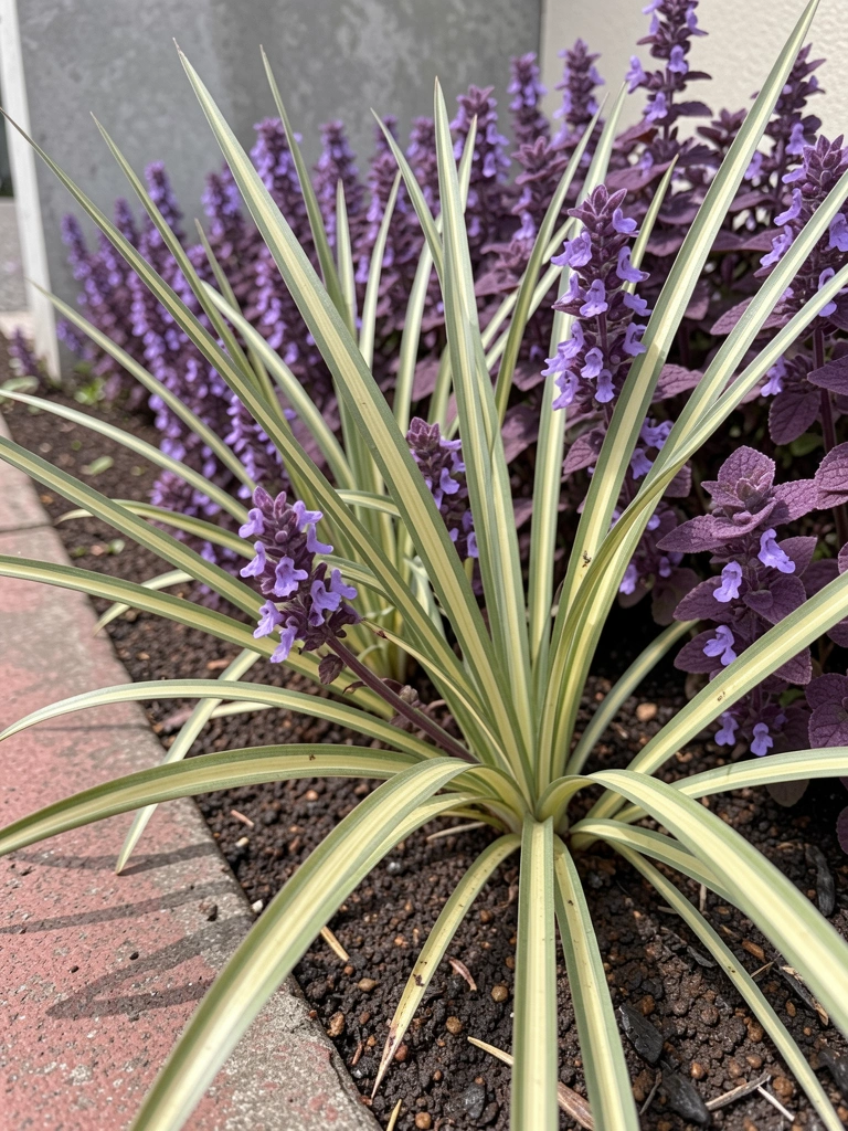 Folhas finas e flores roxas de dianela sob luz solar em jardim.
