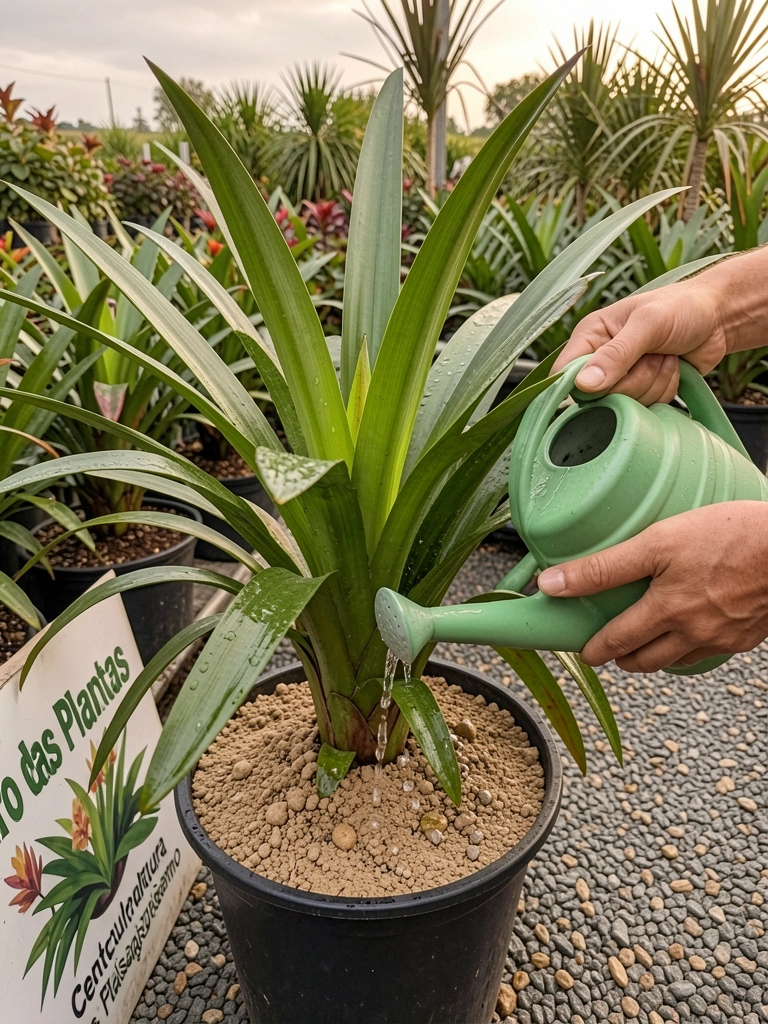 Mãos regando uma dianela em vaso com terra clara.