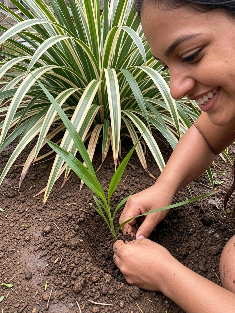 Mãos cavando a terra para plantar uma muda de dianela.