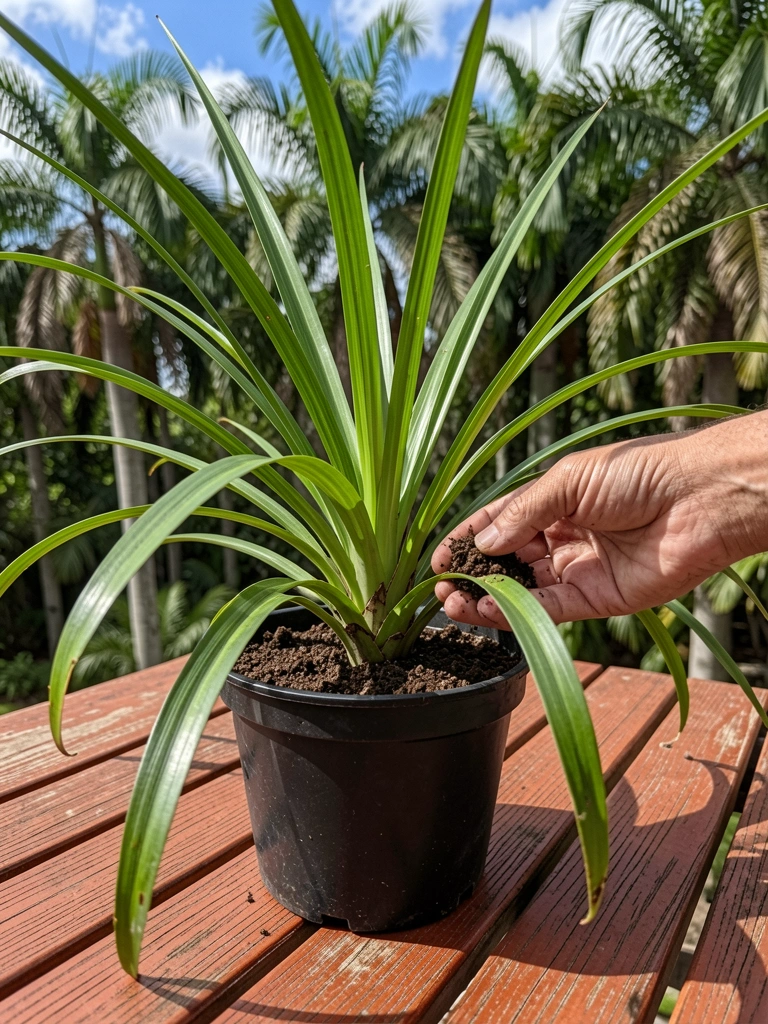 Mão adicionando terra em vaso com dianela.