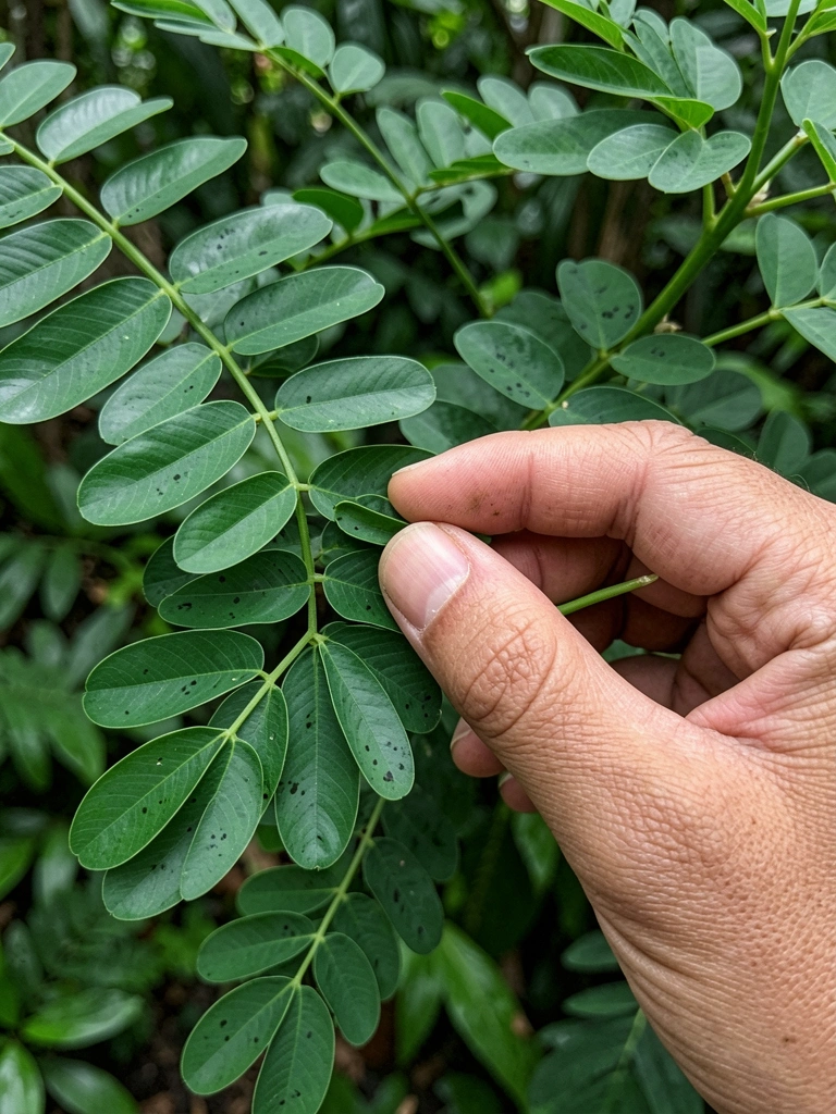 Mão toca folíolos verdes da dormideira, que se fecham em close-up