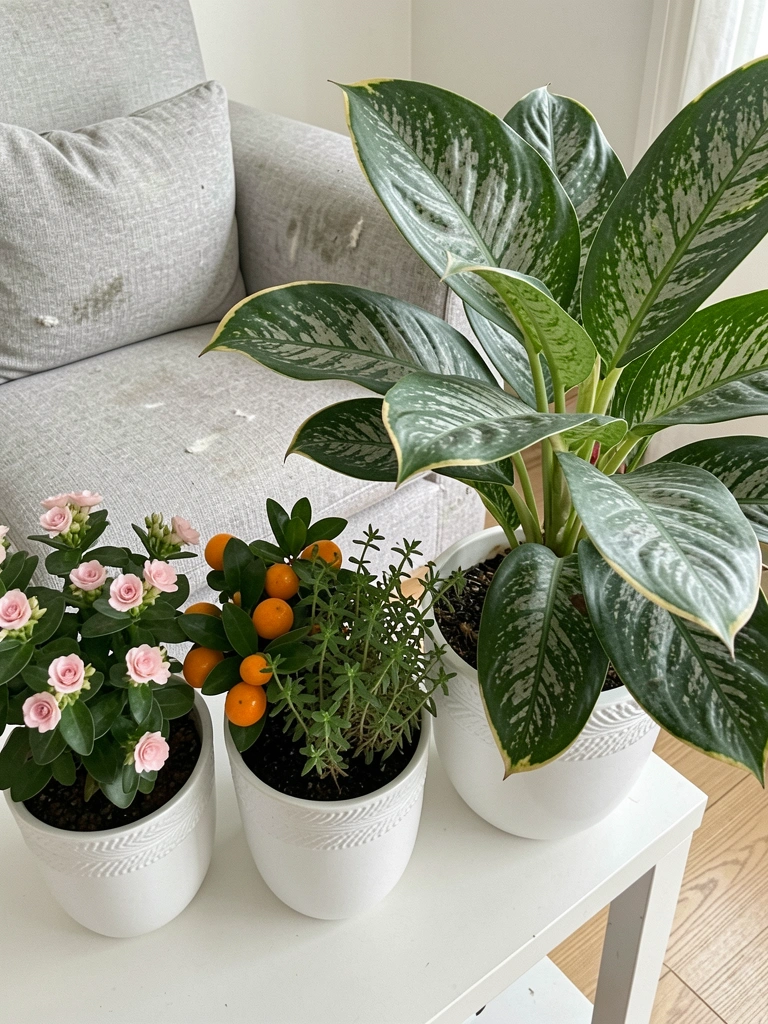 Três vasos de cerâmica enfileirados sobre superfície clara, cada um com uma planta diferente: flor, frutífera e tempero.