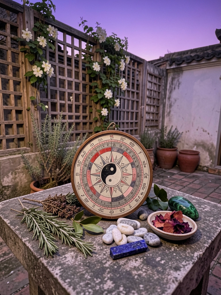 Pátio chinês antigo com luopan e símbolos de feng shui