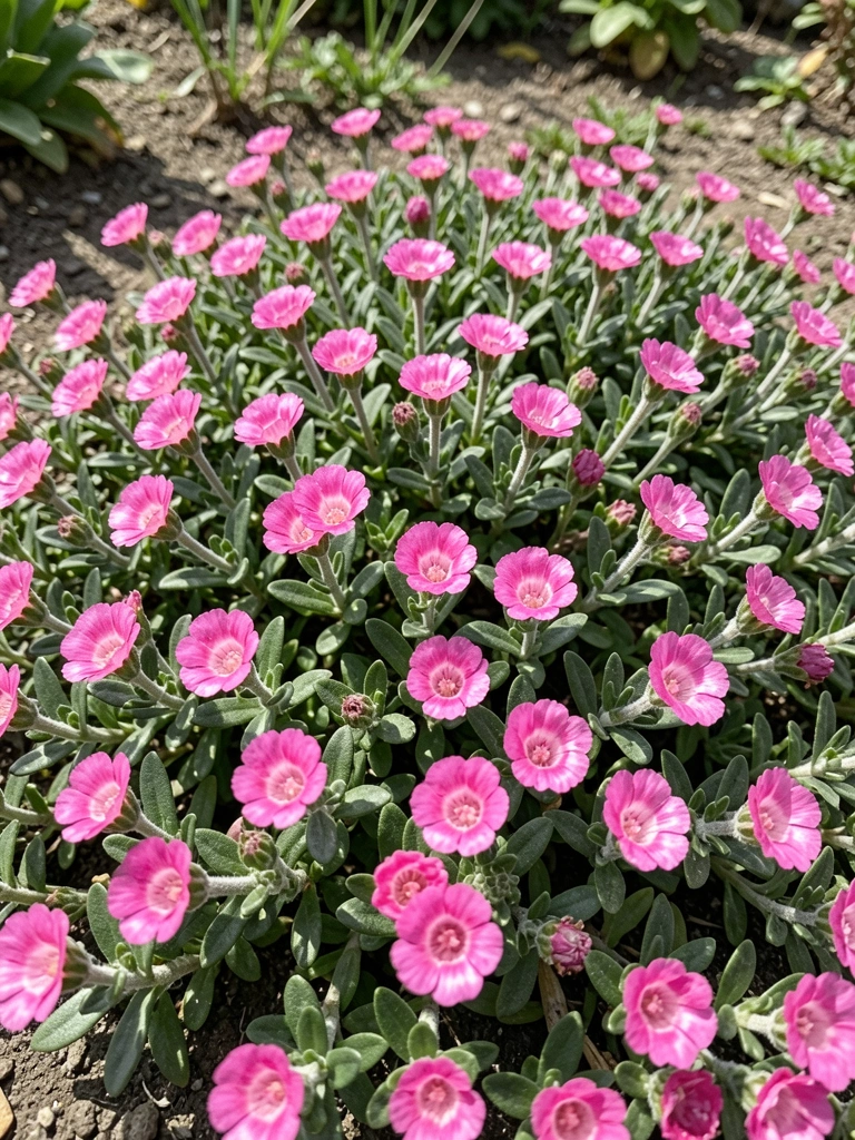 Canteiro ensolarado com flores de onze-horas em tons de rosa, laranja e amarelo.