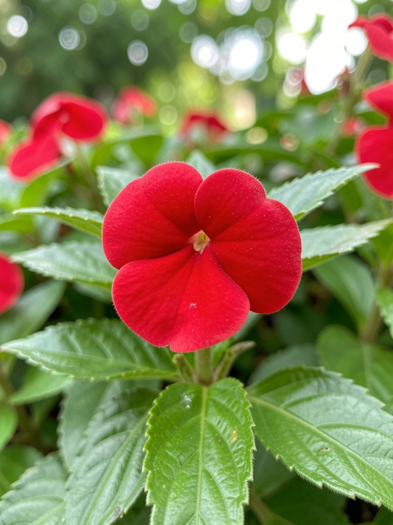 Canteiro com flores vermelhas de Impatiens walleriana em primeiro plano