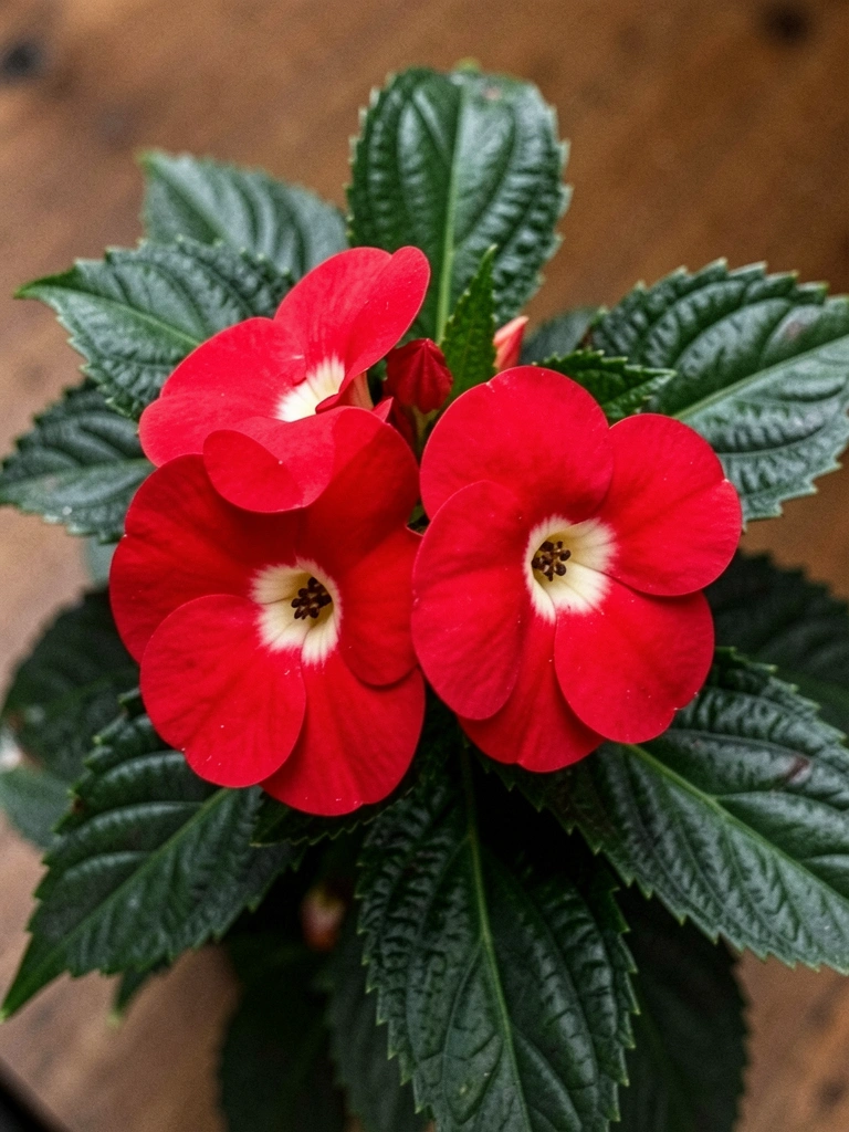 Folhas verde-escuras com flores vermelhas vibrantes em close