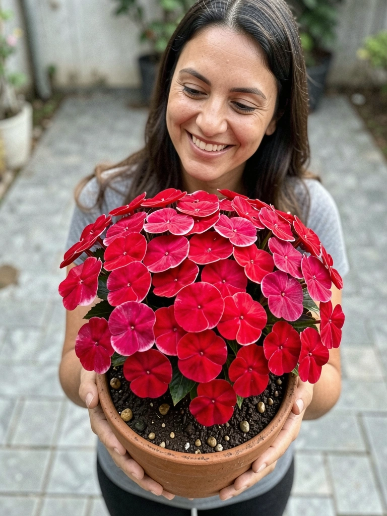 Pessoa sorrindo segurando vaso com flor beijo vermelho