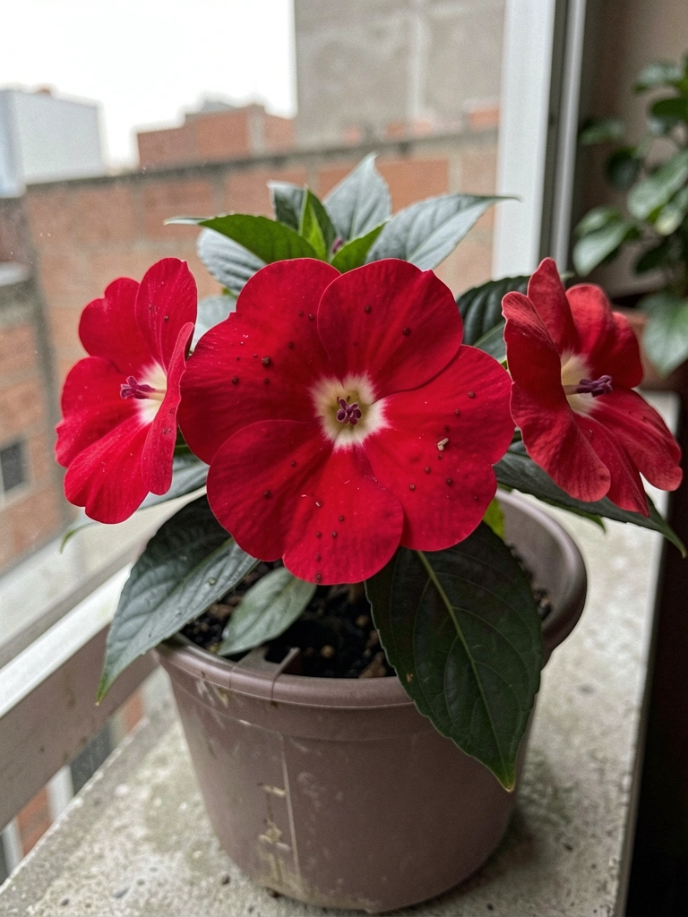 Vaso autoirrigável com flor beijo vermelho em ambiente urbano