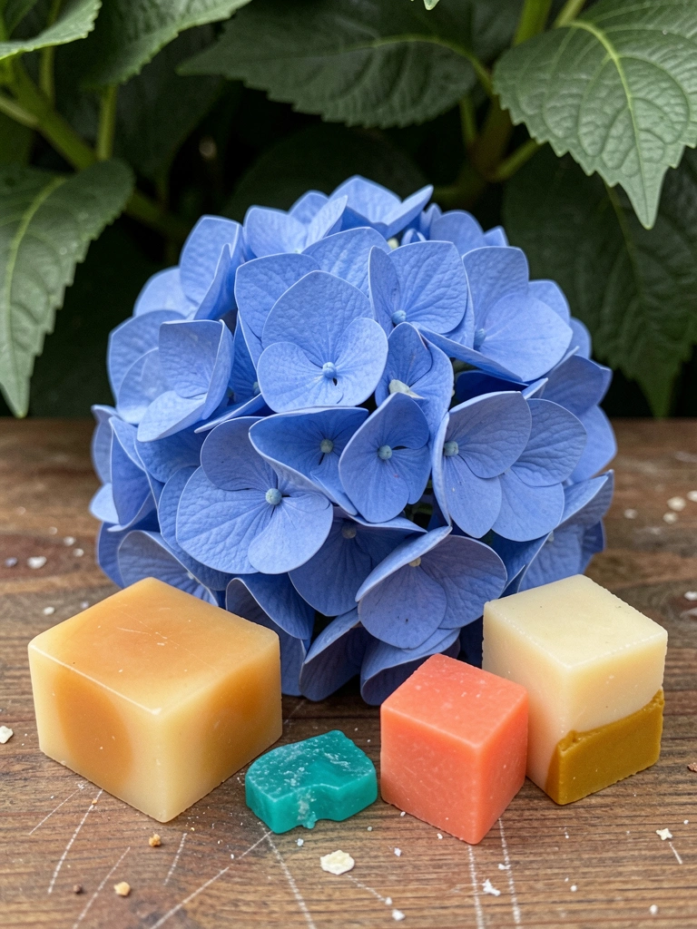 Flores azuis artesanais ao lado de cera aromática e resinas coloridas