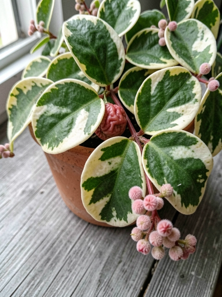 Vaso de hoya carnosa com folhas verdes carnosas e pequenos cachos de flores rosadas