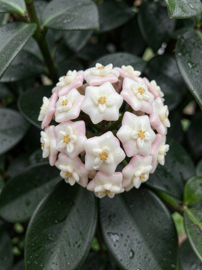 Pétalas de hoya rosa e branca com textura de porcelana e gotas de néctar