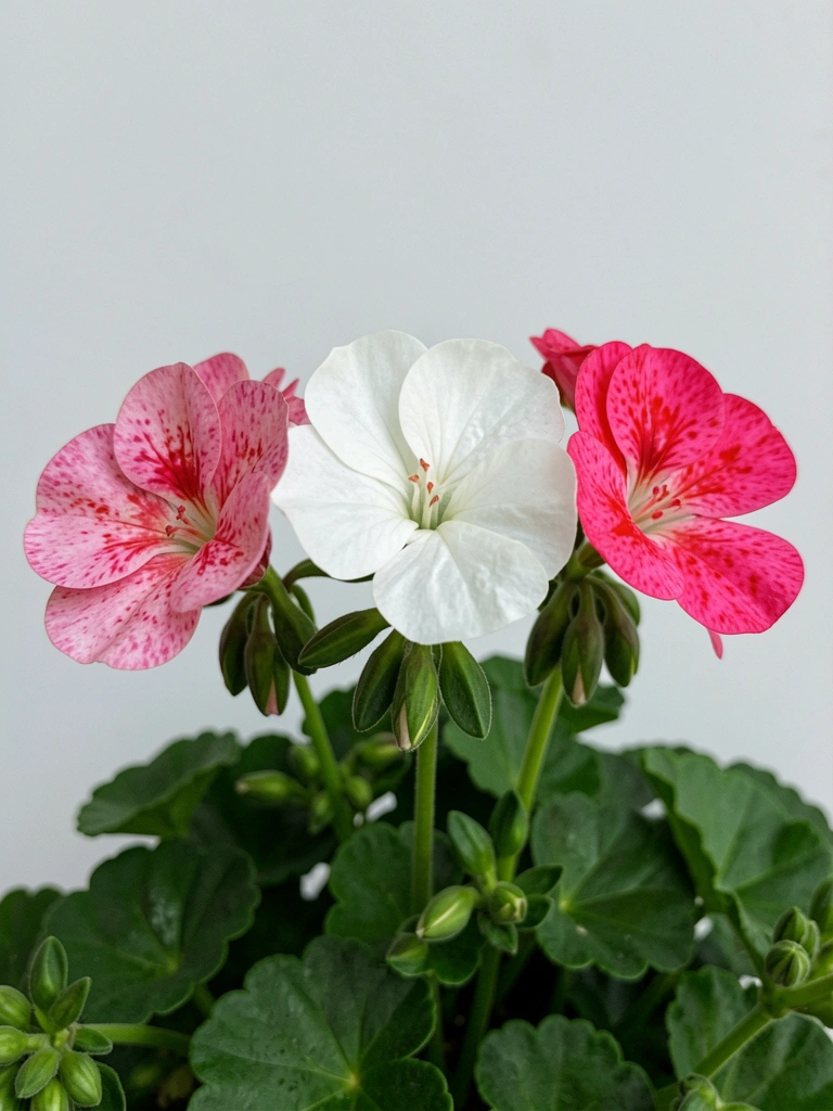 Vaso de cerâmica branca com flores de gerânio vermelho em uma janela iluminada por luz natural.