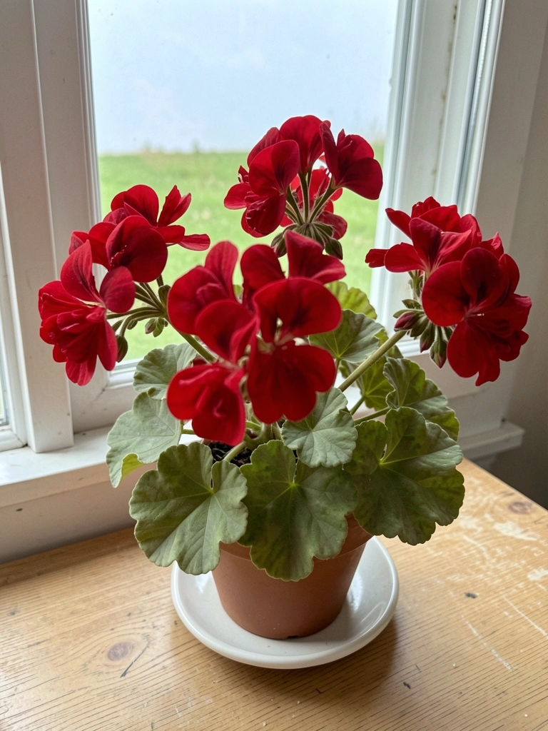 Flores de gerânio vermelhas e rosas em vaso de barro sobre parapeito de janela