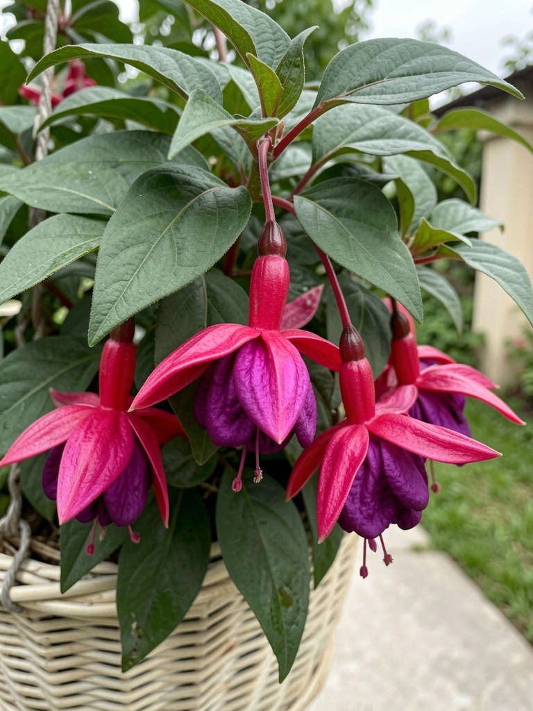 Vasos suspensos com flores pendentes coloridas em um jardim ao ar livre