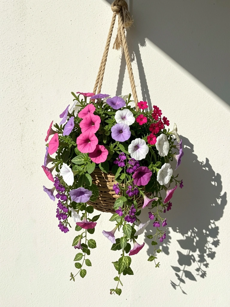 Cestas com flores pendentes brasileiras em um mosaico vibrante