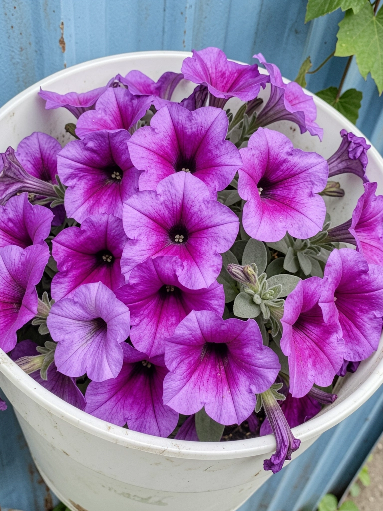 Petúnia roxa pendente com muitas flores em floreira