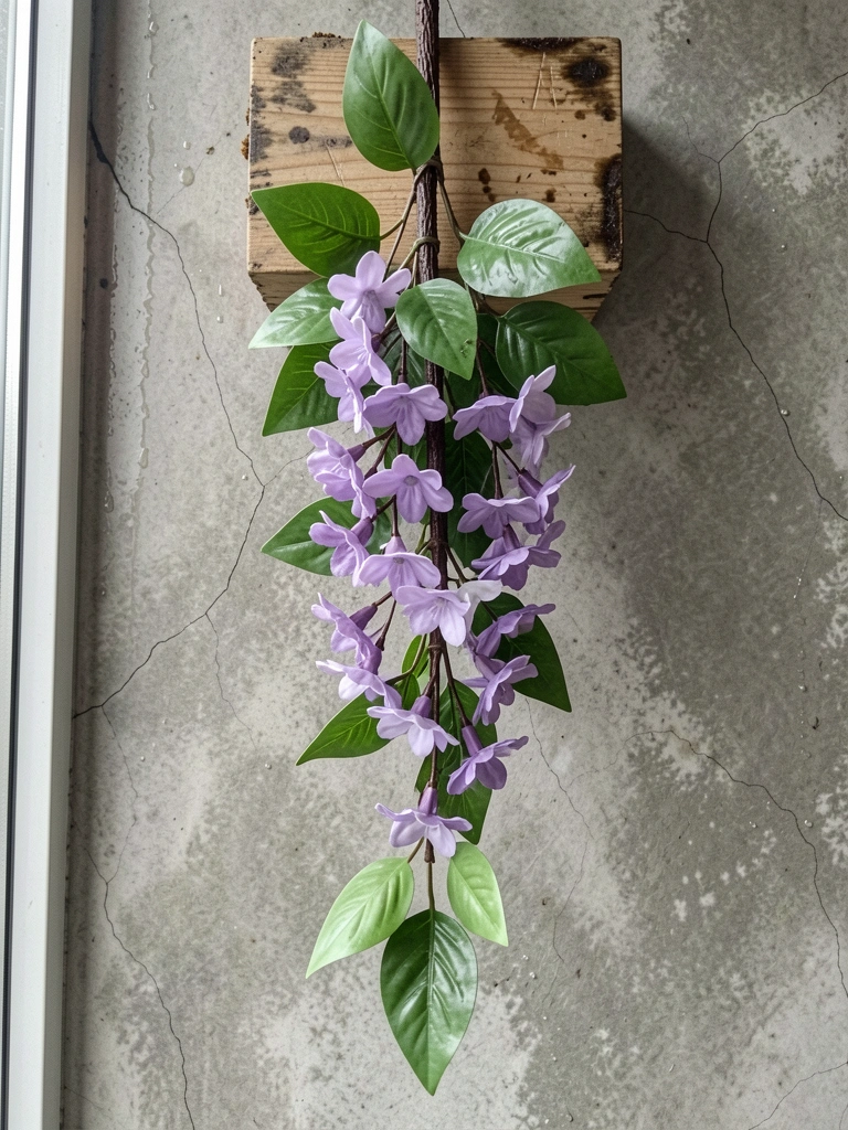 Violeta pendente lilás em jardineira de madeira
