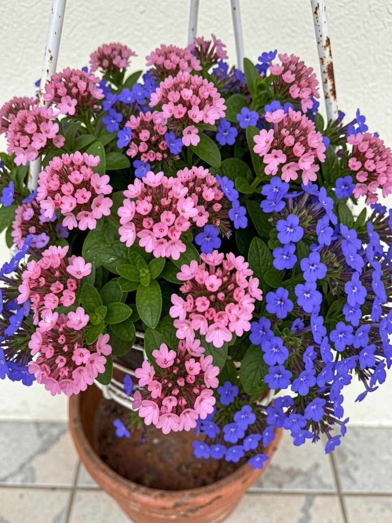 Cesta suspensa com verbena rosa e lobélia azul pendurada em um gancho.