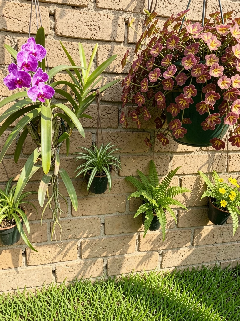 Flores pendentes em vasos sob luz solar variada, com sombras suaves ao fundo