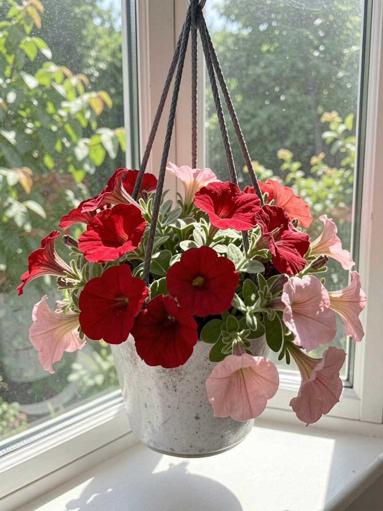 Flores pendentes em vasos no parapeito de uma janela, sob luz solar direta