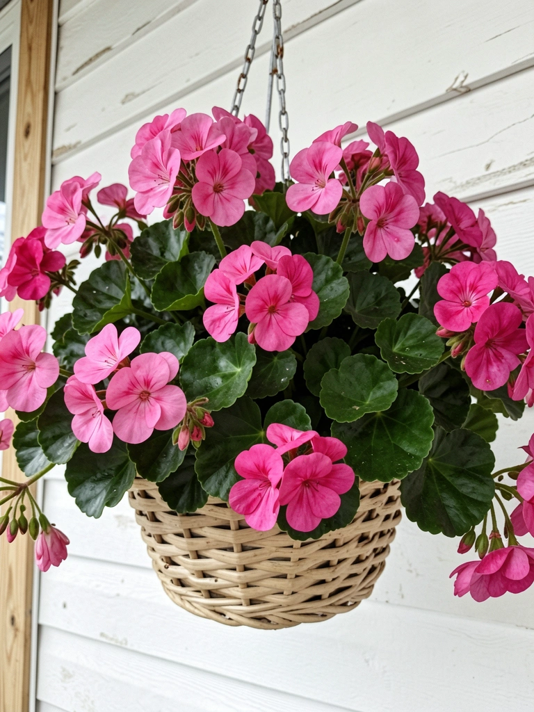 Vaso com flores pendentes em varanda iluminada por luz suave