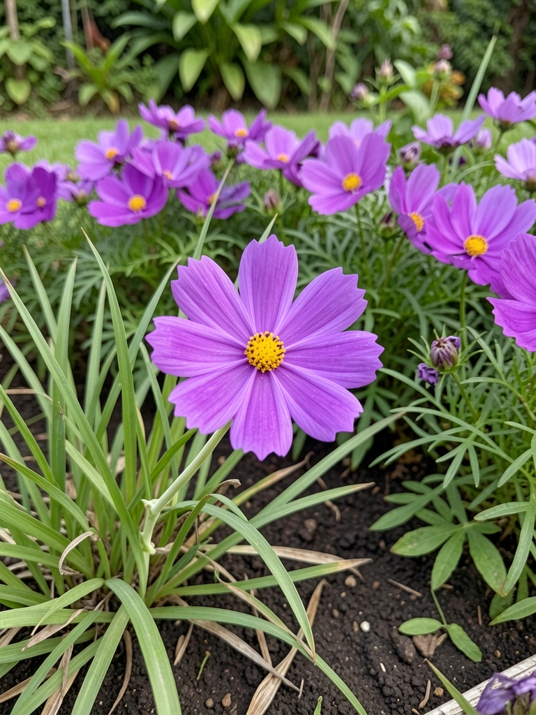 Canteiro de jardim com flores roxas variadas entre folhagens verdes e pedras claras
