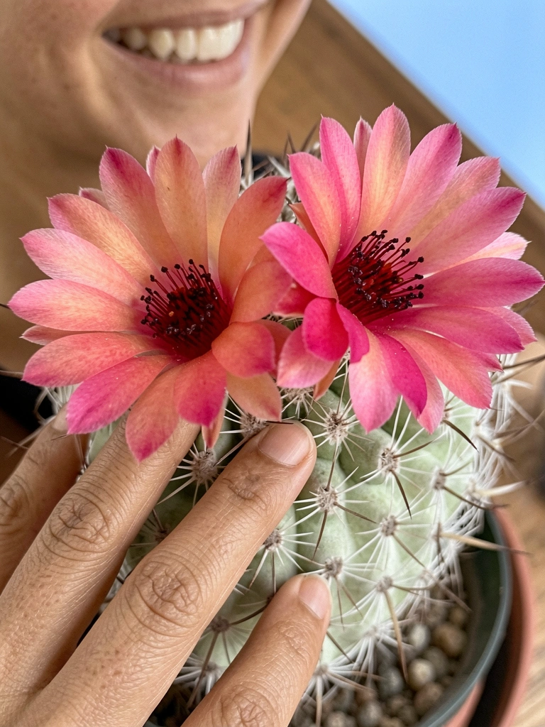 Mão tocando delicadamente uma flor com espinhos.