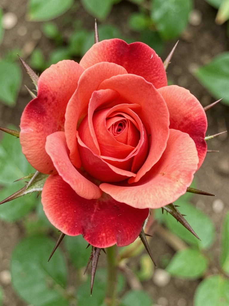 Rosa vermelha desabrochando, com acúleos visíveis no caule verde.
