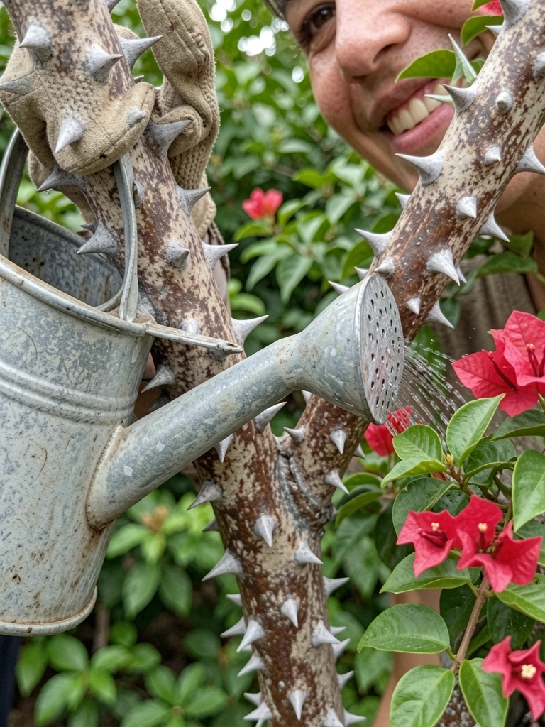 Mão com luva de jardinagem segurando mangueira que rega uma buganvília com flores rosadas.