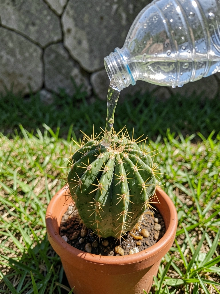 Garrafa de água sendo derramada sobre um cacto em vaso