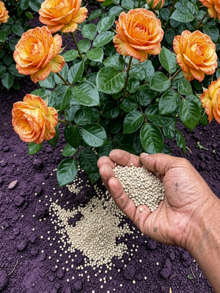 Grânulos de adubo espalhados na terra ao redor da base de uma roseira.
