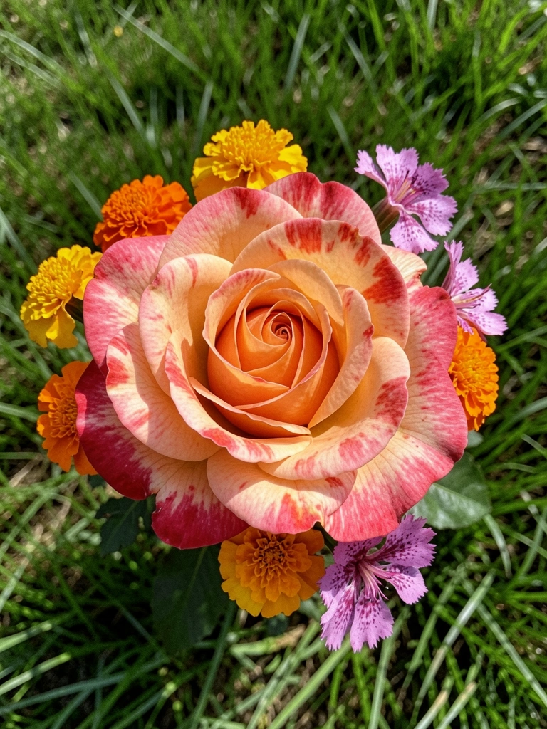 Canteiro de flores variadas em tons de rosa, laranja e branco sob luz suave de fim de tarde
