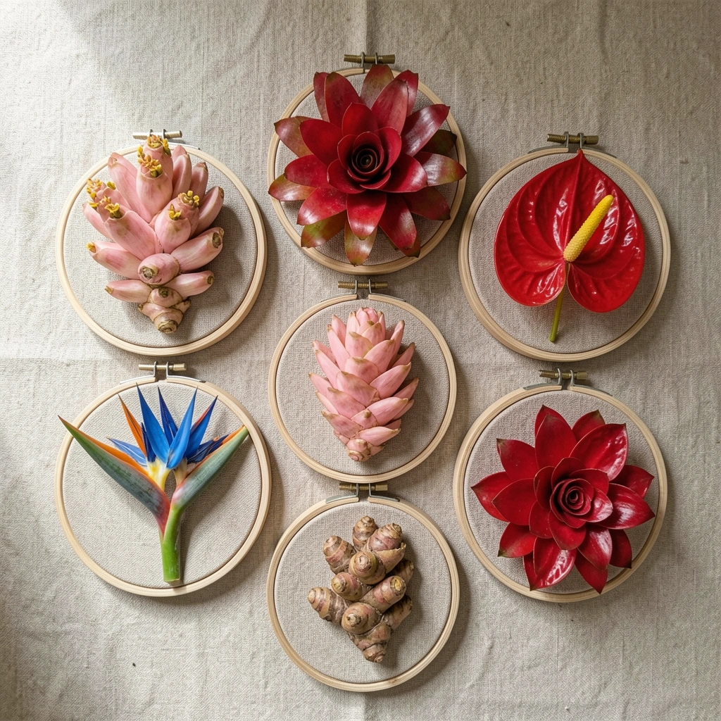 Arranjo com cúrcuma rosa, bromélia vermelha, antúrio brilhante e strelitzia azul