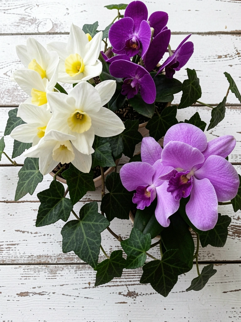 Vasos com narciso branco, orquídea roxa e catléia lilás sobre superfície clara