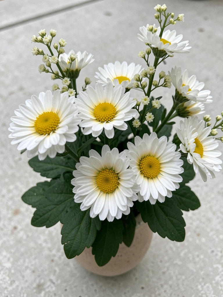 Buquê de áster, cáspia e margarida em vaso simples sobre mesa
