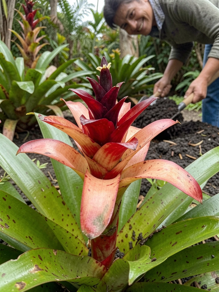 Mãos com luvas de jardinagem misturando composto orgânico em terra escura com uma pá, em um canteiro ao ar livre.