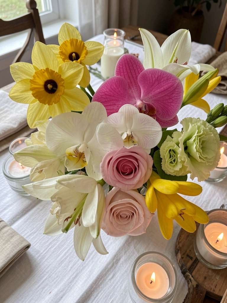 Mesa posta com arranjo de flores secas e velas acesas