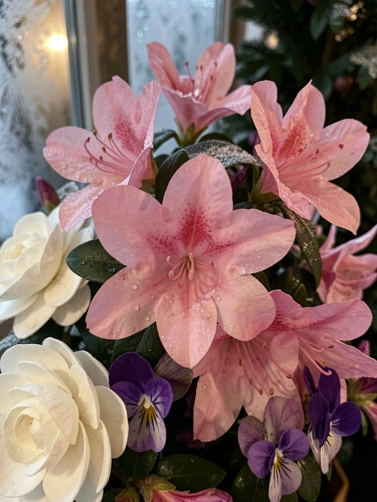 Colagem de flores de inverno em tons frios sobre fundo texturizado.